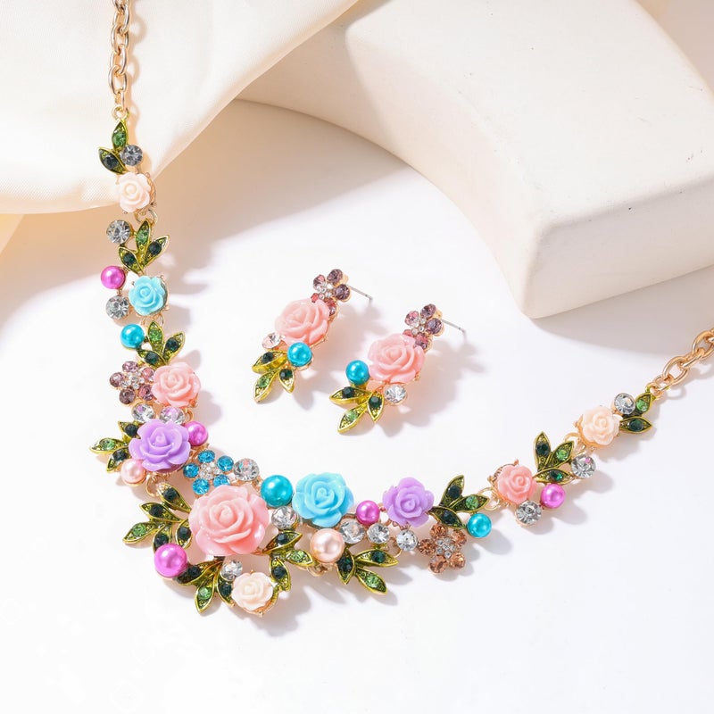 EVER FAITH Crystal Simulated Pearl Multicolor Rose Flower Leaf Bridal Necklace Pierced Earrings Set - Image 5